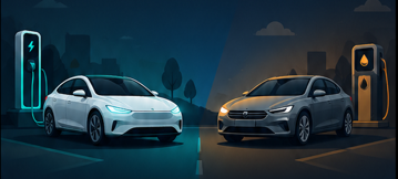 Voiture électrique avec borne de recharge à gauche, voiture thermique avec pompe à essence à droite, sur fond de ville la nuit